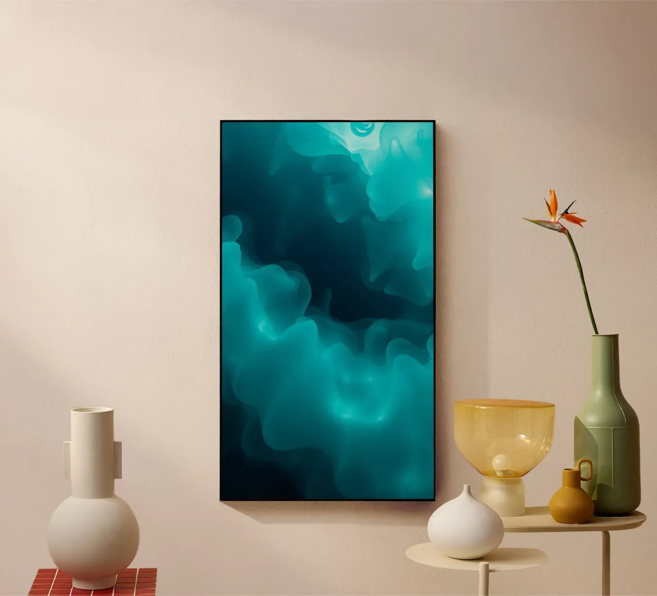 Abstract turquoise waves create calming wallpaper backgroud acrylic glass by DesignDoodle