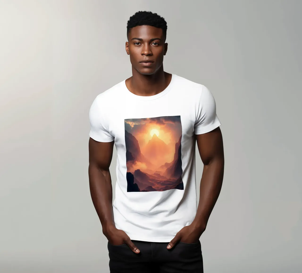 Coucher de soleil à couper le souffle sur des montagnes majestueuses dans une douce brume t-shirt de DesignDoodle