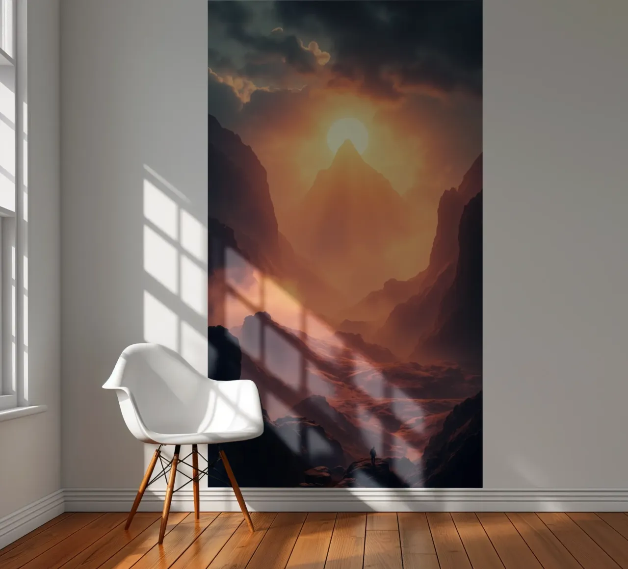 Breathtaking sunset over majestic mountains with soft mist photo wallpaper by DesignDoodle