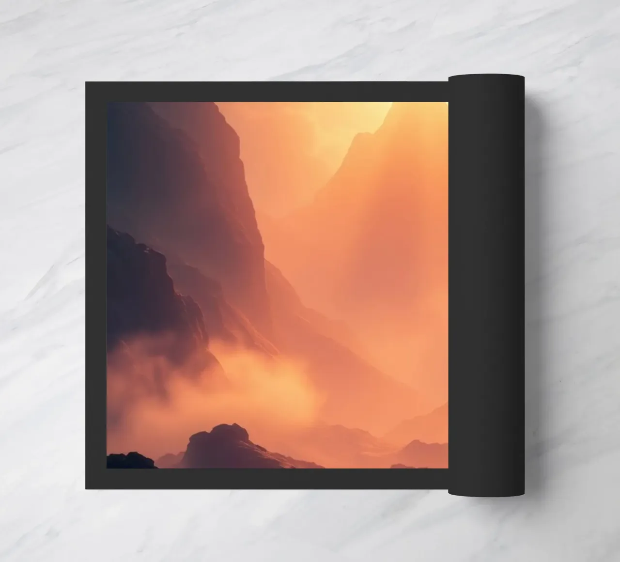 Coucher de soleil à couper le souffle sur des montagnes majestueuses dans une douce brume paillasson de DesignDoodle