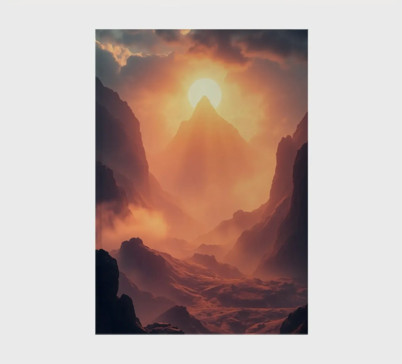 Coucher de soleil à couper le souffle sur des montagnes majestueuses dans une douce brume carnet de notes de DesignDoodle