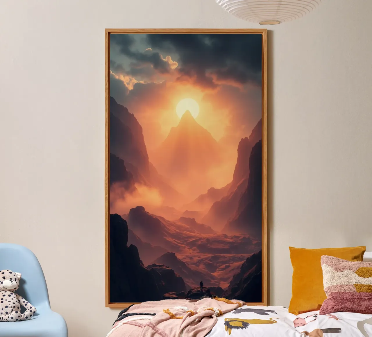 Coucher de soleil à couper le souffle sur des montagnes majestueuses dans une douce brume alu dibond de DesignDoodle