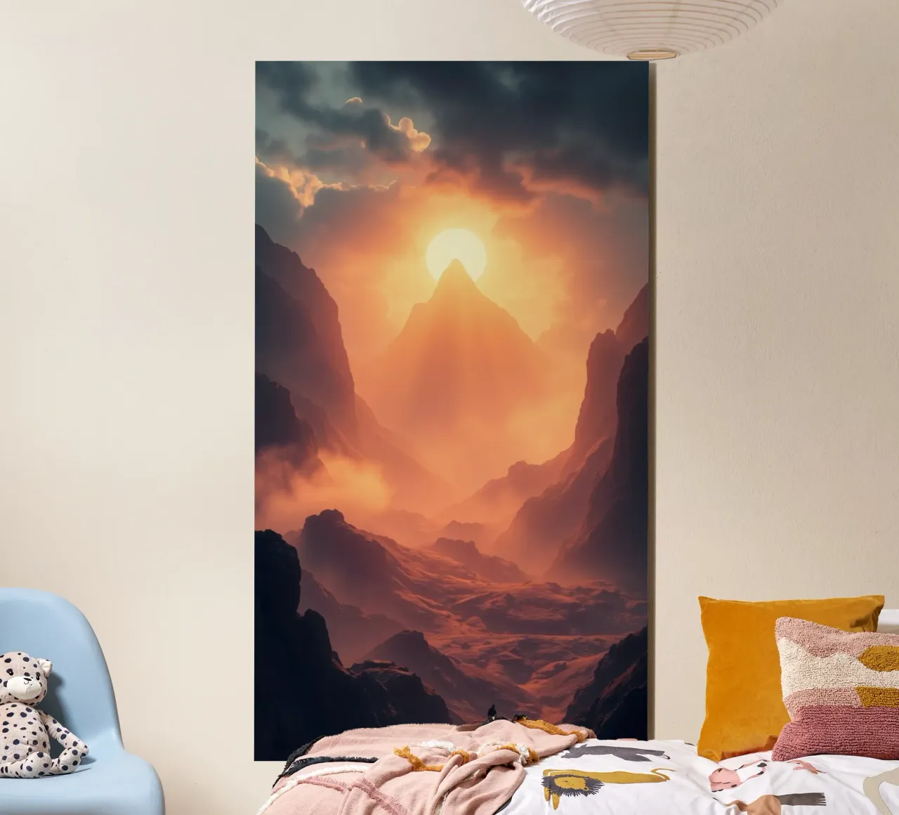 Coucher de soleil à couper le souffle sur des montagnes majestueuses dans une douce brume alu dibond de DesignDoodle