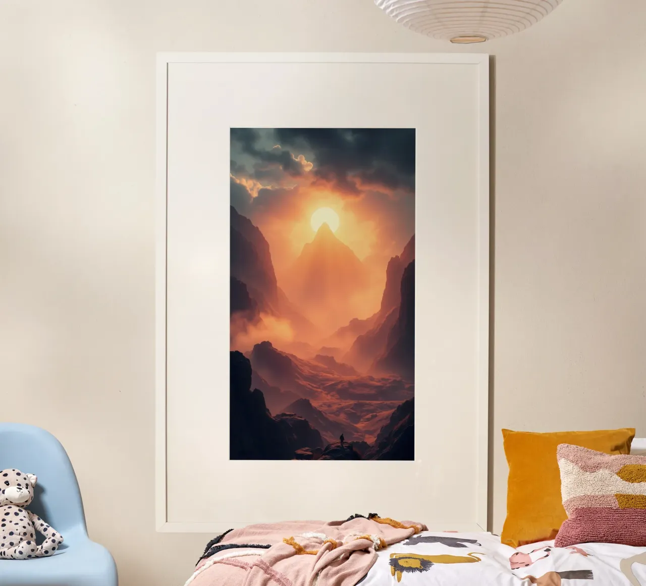 Tramonto mozzafiato su montagne maestose con una nebbia soffusa poster da DesignDoodle