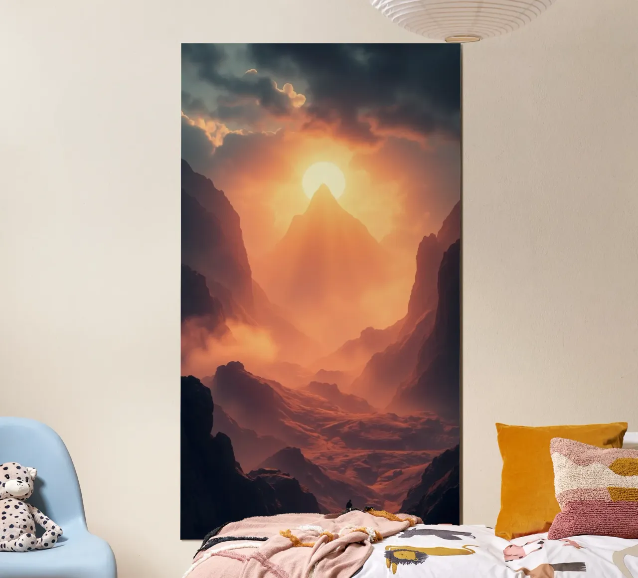 Coucher de soleil à couper le souffle sur des montagnes majestueuses dans une douce brume hahnemühle de DesignDoodle
