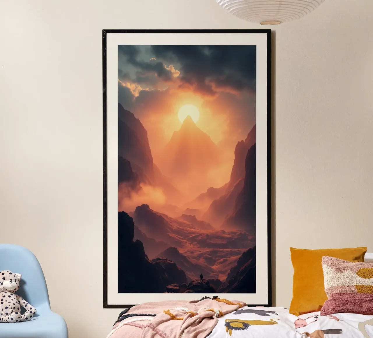Coucher de soleil à couper le souffle sur des montagnes majestueuses dans une douce brume hahnemühle de DesignDoodle