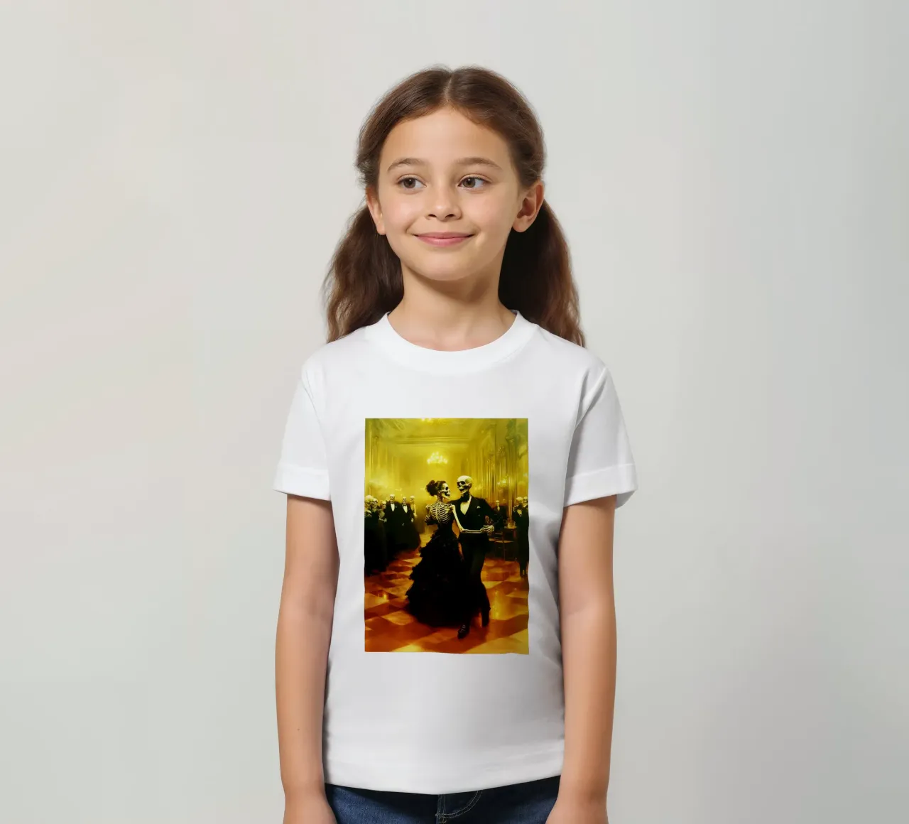 Skeleton Dancing Watercolor Art kids t-shirt by kaiyaraiya