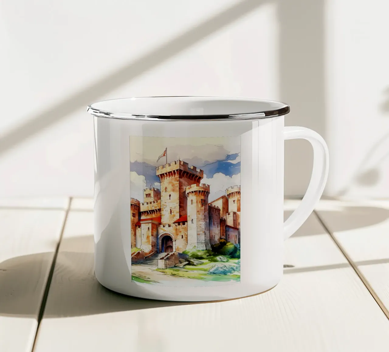 Castle Watercolor Art enamel mug by kaiyaraiya