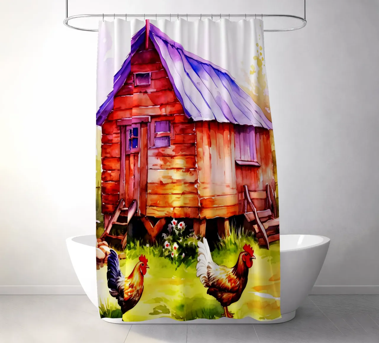 Galline di fattoria Acquerello Arte Design tenda da doccia da kaiyaraiya