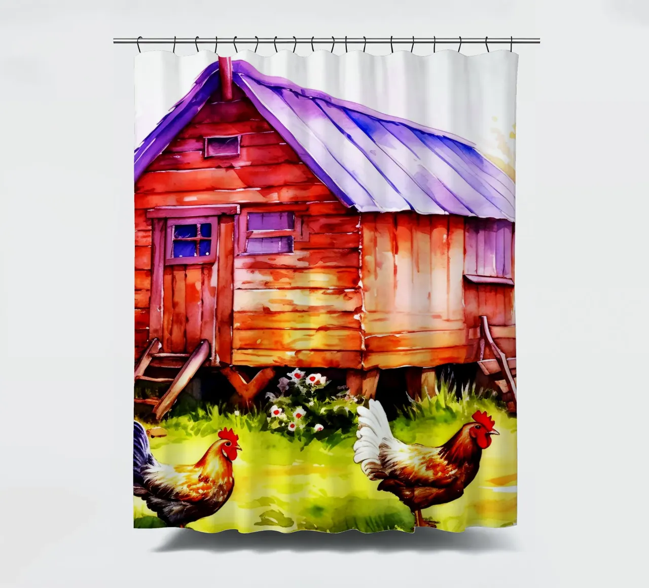 Galline di fattoria Acquerello Arte Design tenda da doccia da kaiyaraiya