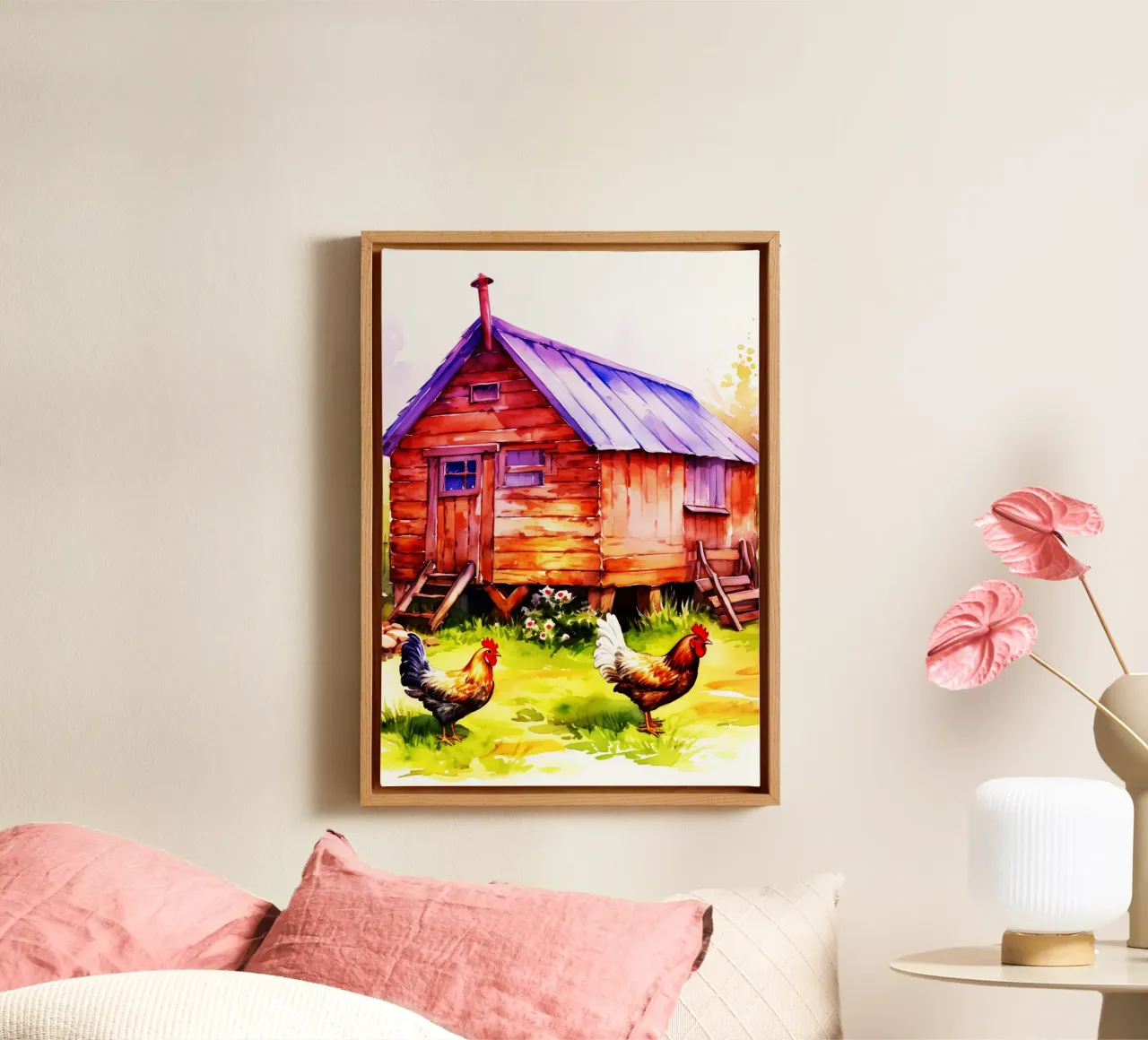 Boerderij kippen aquarel kunst ontwerp canvas met Baklijst van kaiyaraiya