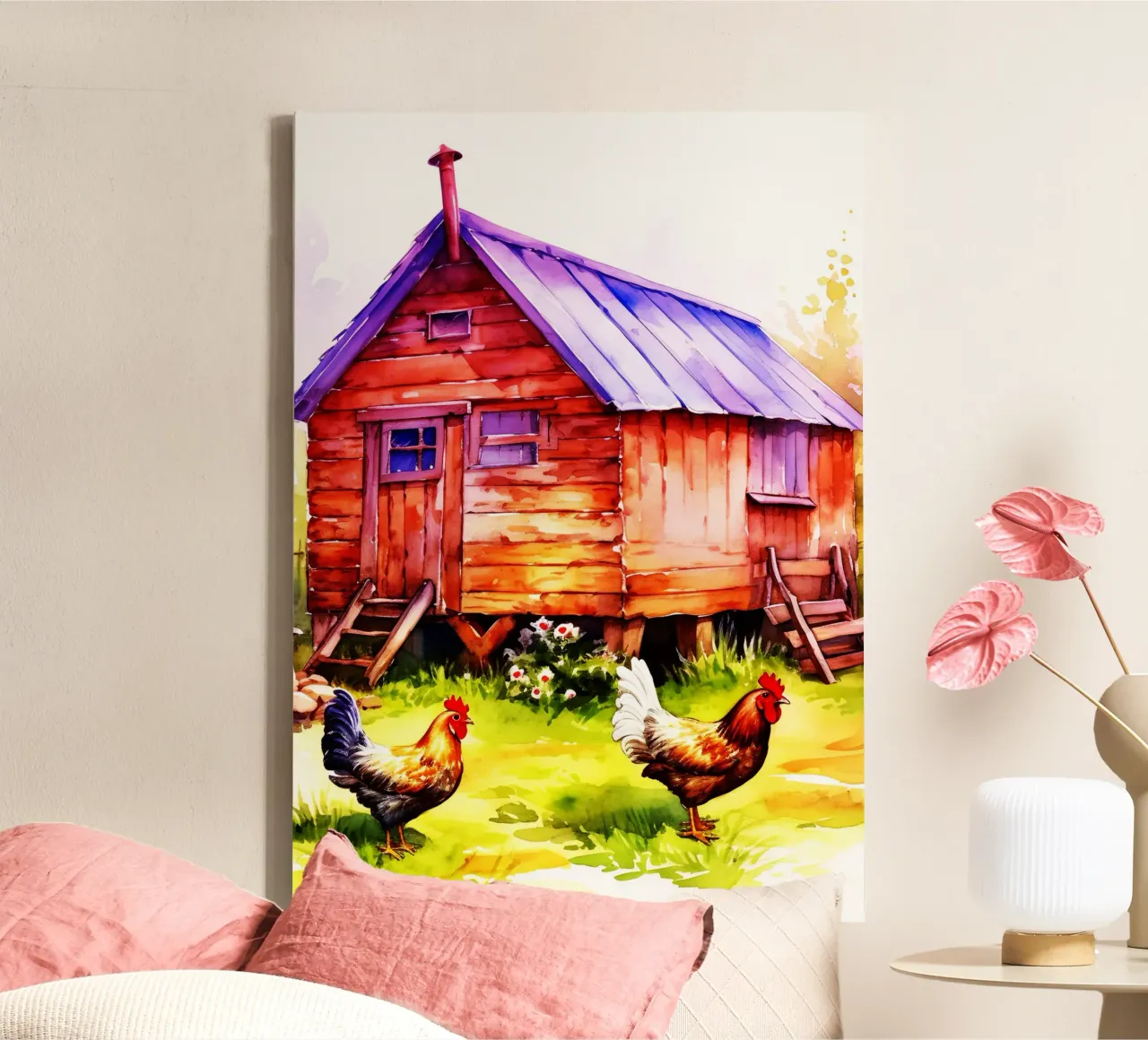 Boerderij kippen aquarel kunst ontwerp canvas met Baklijst van kaiyaraiya