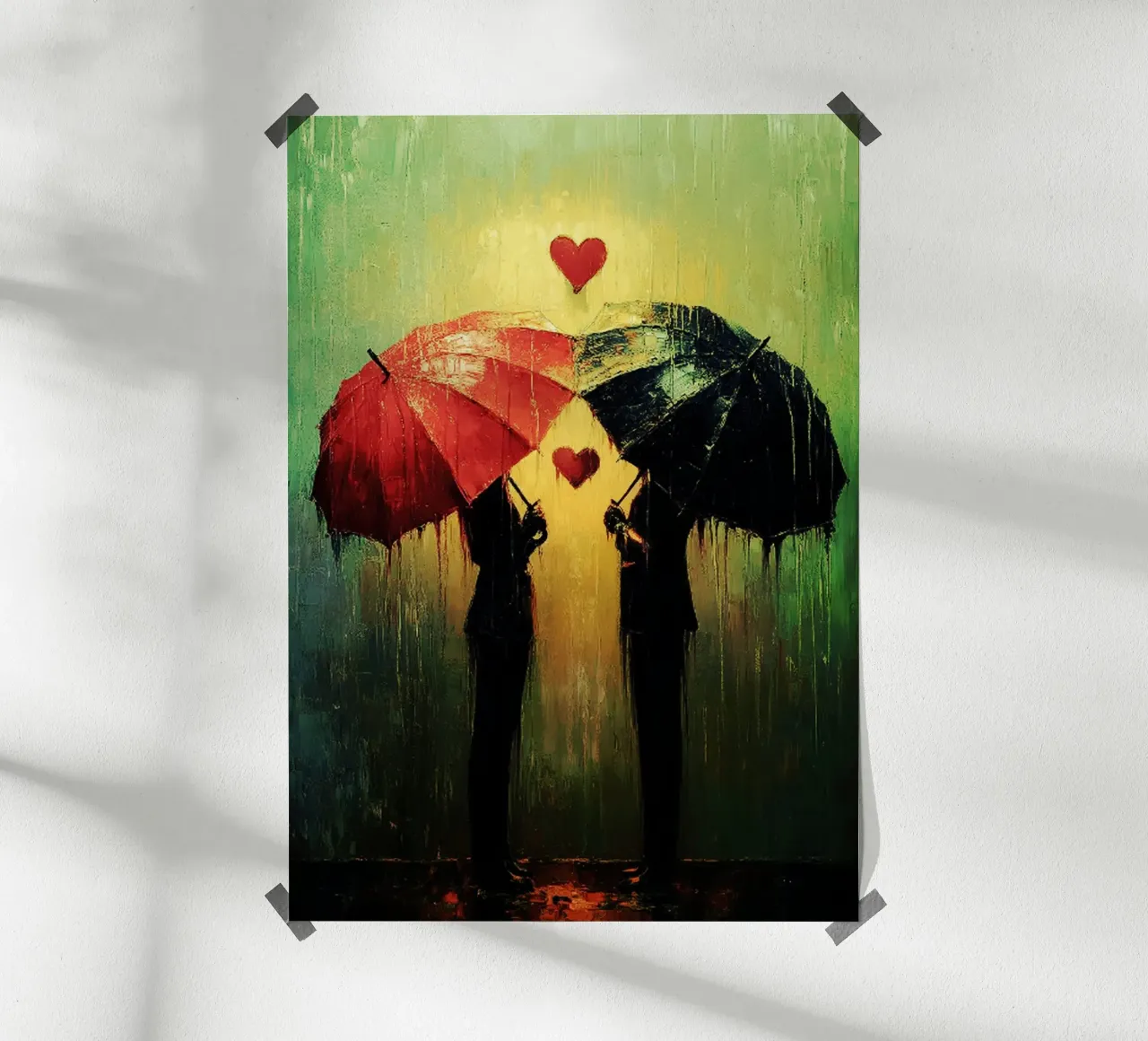 Amore sotto la pioggia, acquerello d'arte poster con telaio in alluminio da kaiyaraiya