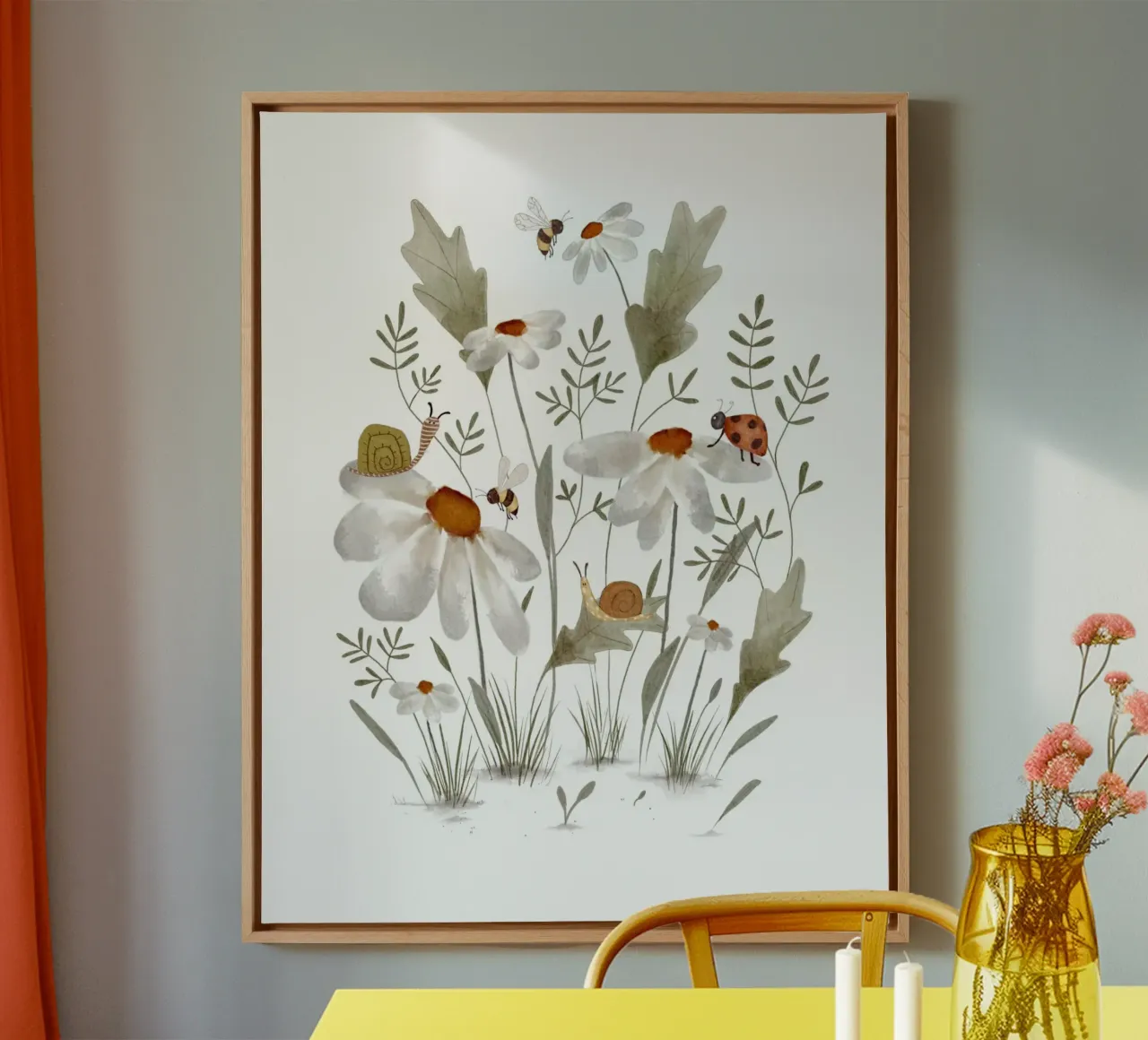 Bugs & Daisies Art – Whimsical Nature Art for Kids canvas with Floater frame by Urchin Bay Art