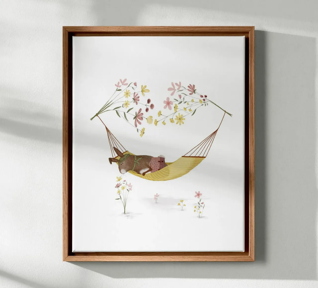 Bunny Hammock Print – Relaxing Woodland Nursery Art canvas with Floater frame by Urchin Bay Art