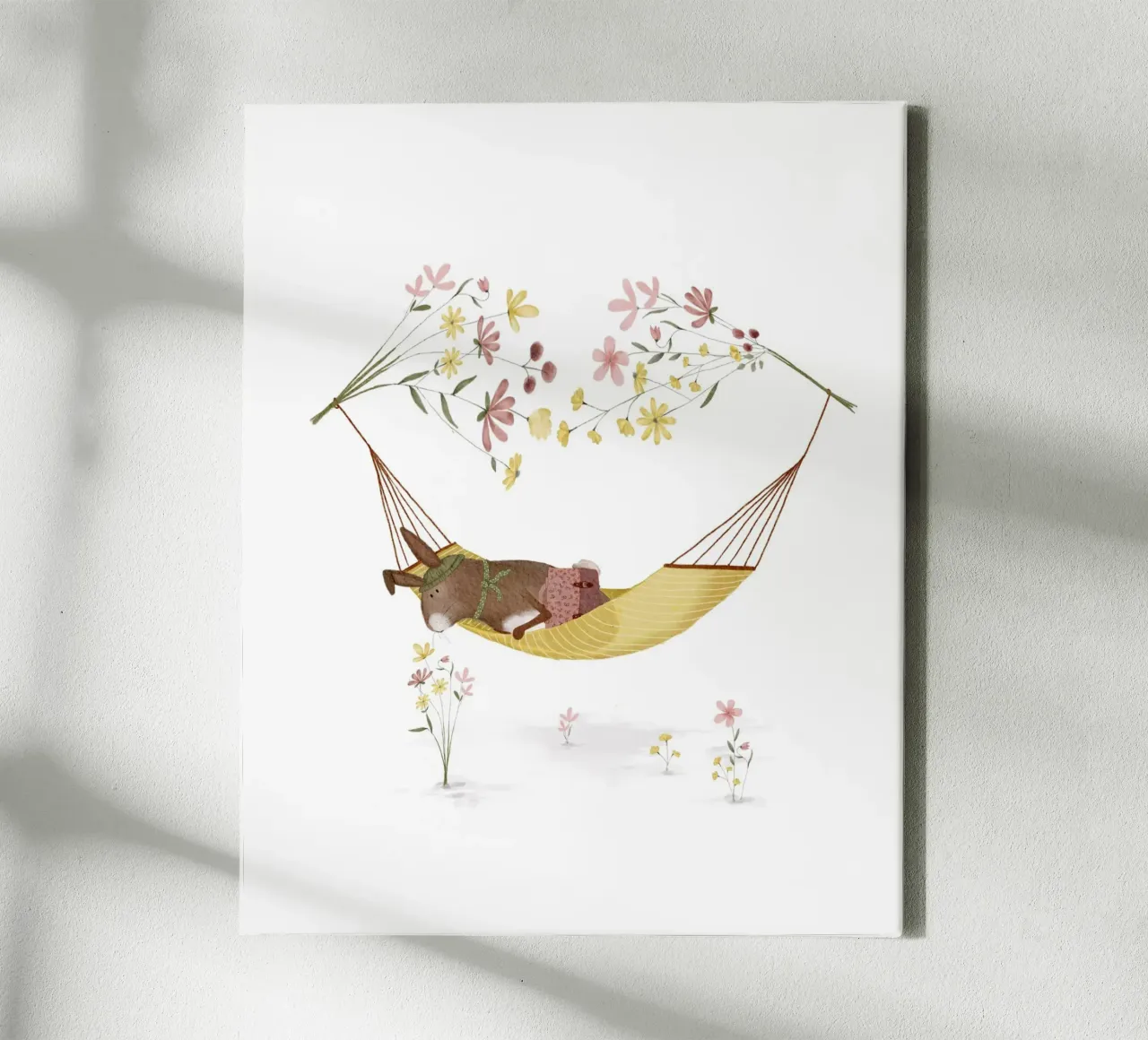 Bunny Hammock Print – Relaxing Woodland Nursery Art canvas with Floater frame by Urchin Bay Art