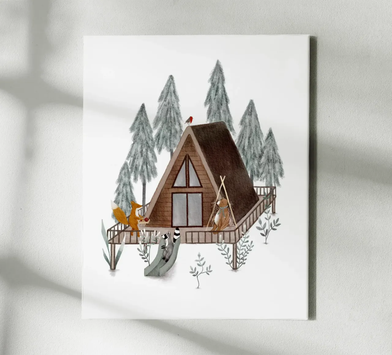 Cabin in the Woods - Knusse bosdierenprint canvas met Baklijst van Urchin Bay Art