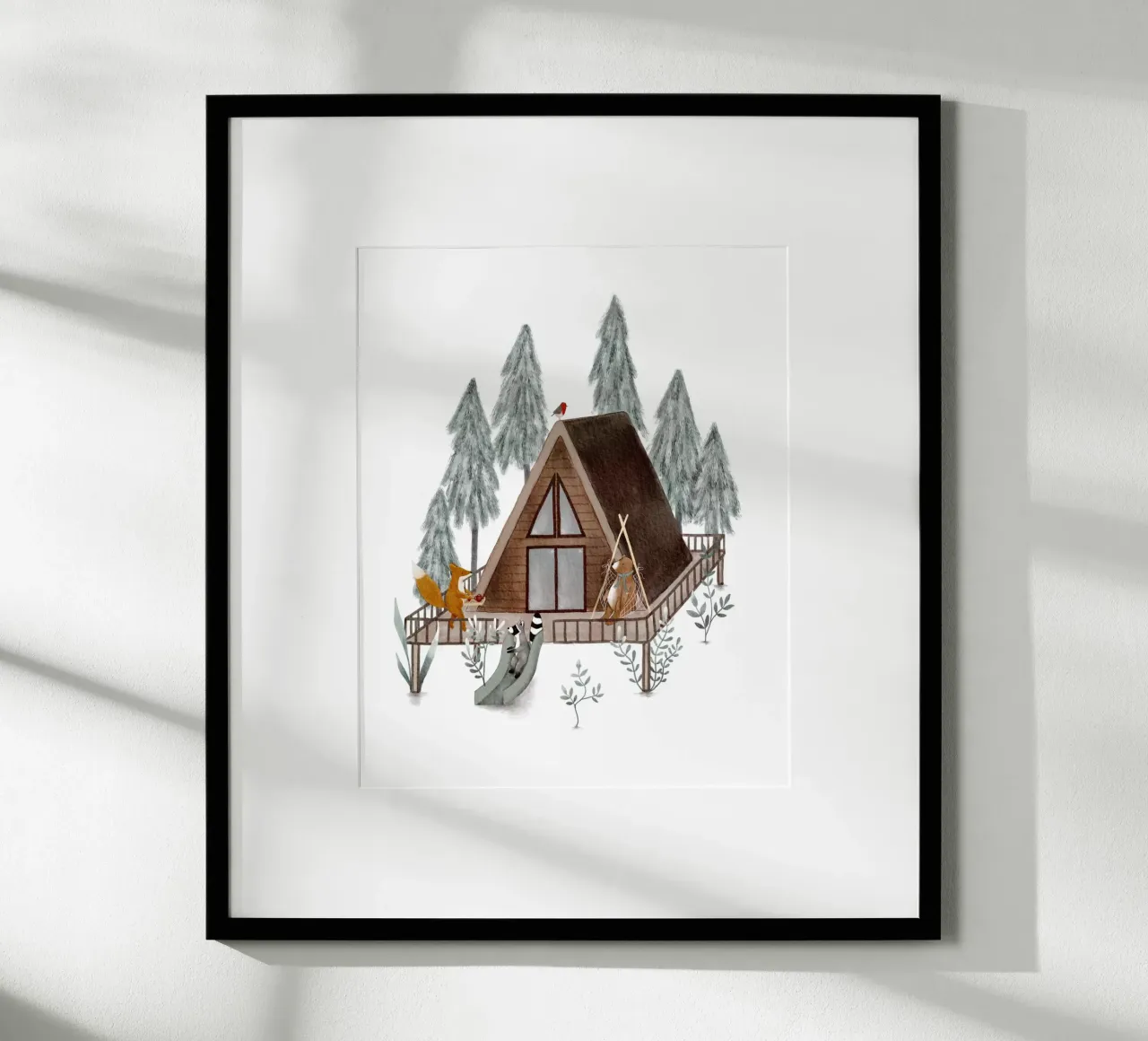 Cabin in the Woods - Kuschelige Waldlandschaft mit Tiermotiven Poster von Urchin Bay Art