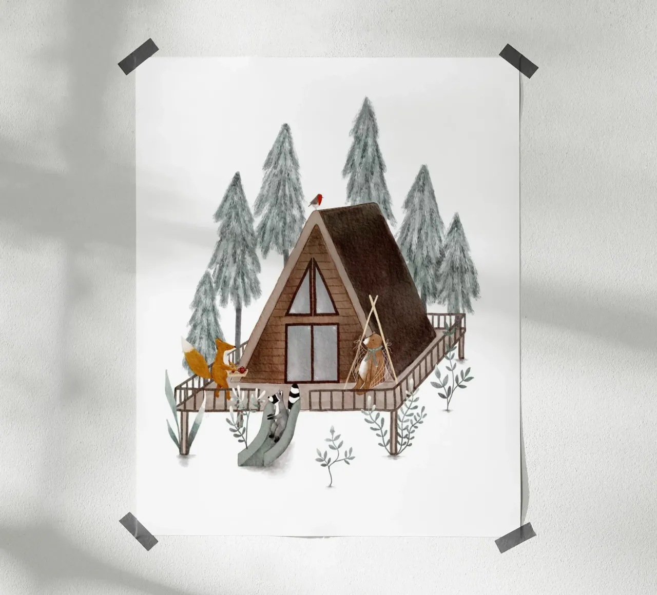 Cabin in the Woods - Kuschelige Waldlandschaft mit Tiermotiven Poster von Urchin Bay Art