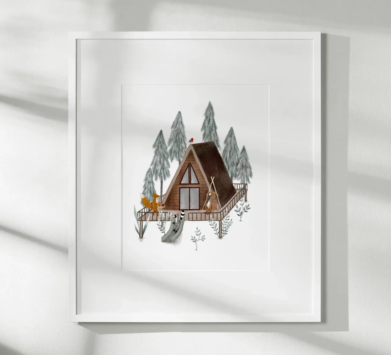 Cabin in the Woods - Kuschelige Waldlandschaft mit Tiermotiven Poster von Urchin Bay Art