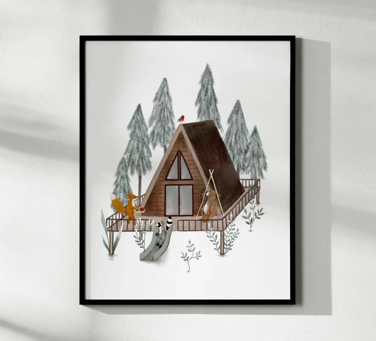 Cabin in the Woods - Kuschelige Waldlandschaft mit Tiermotiven Poster von Urchin Bay Art