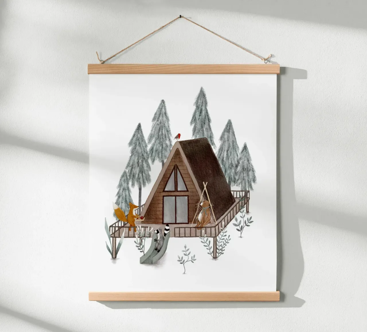 Cabin in the Woods - Kuschelige Waldlandschaft mit Tiermotiven Poster von Urchin Bay Art