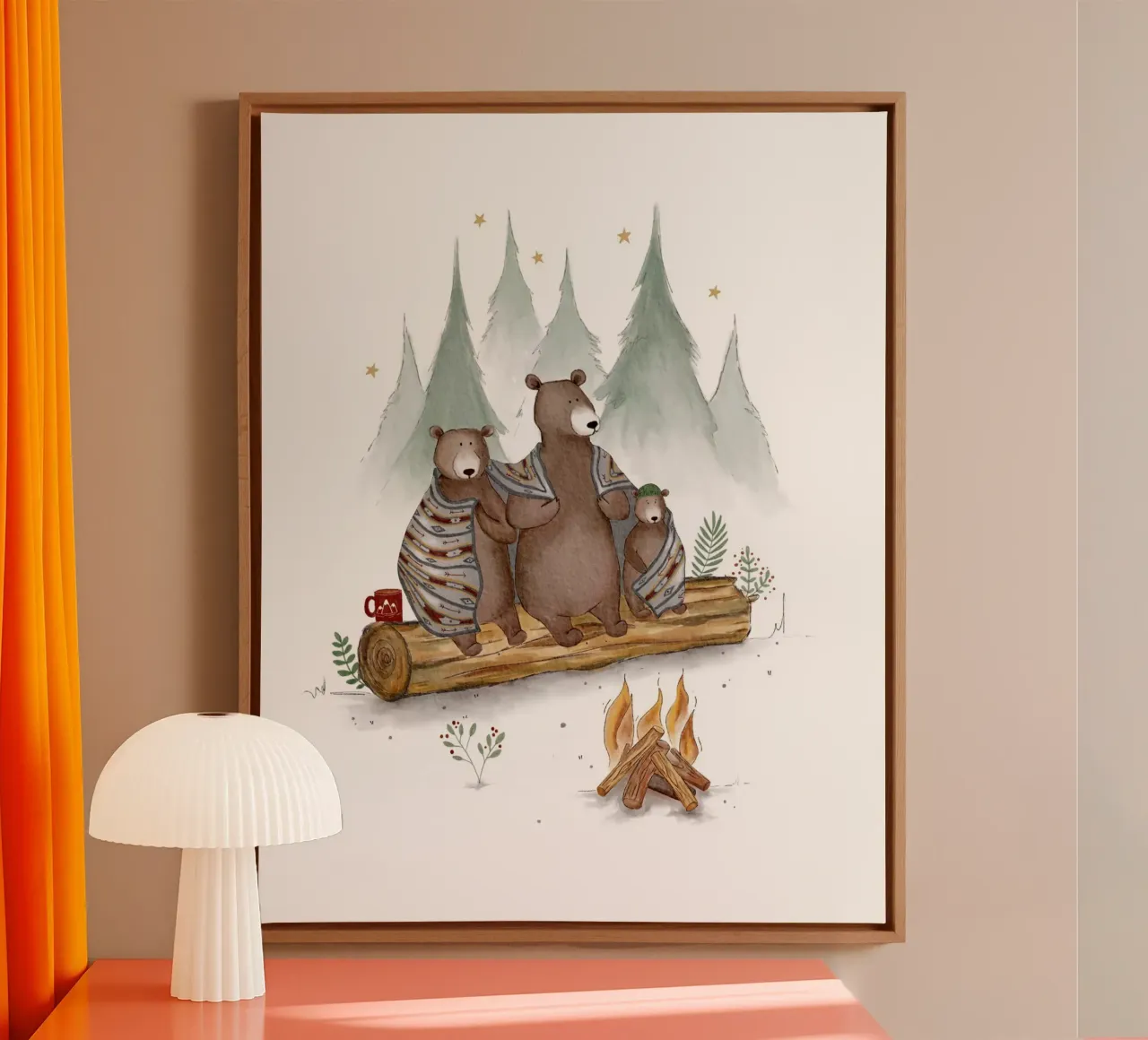 Acogedora hoguera de osos - Impresión familiar de un bosque caprichoso lienzo con Marco flotante de Urchin Bay Art