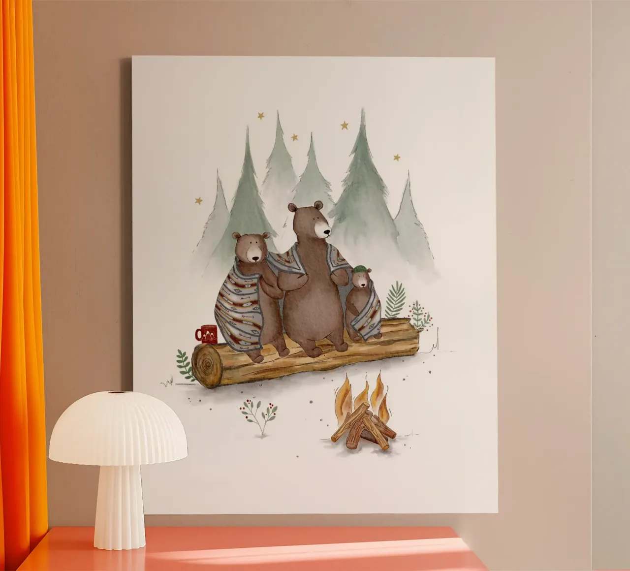 Acogedora hoguera de osos - Impresión familiar de un bosque caprichoso lienzo con Marco flotante de Urchin Bay Art