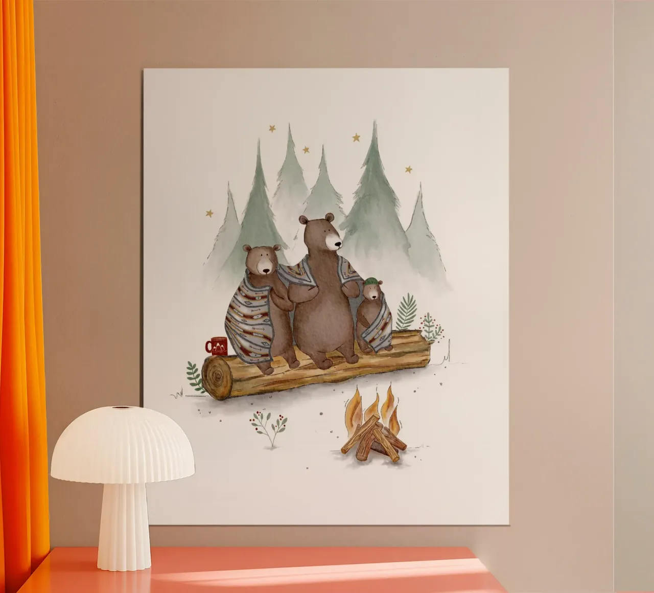 Acogedora hoguera de osos - Impresión familiar de un bosque caprichoso poster con marco de plástico de Urchin Bay Art