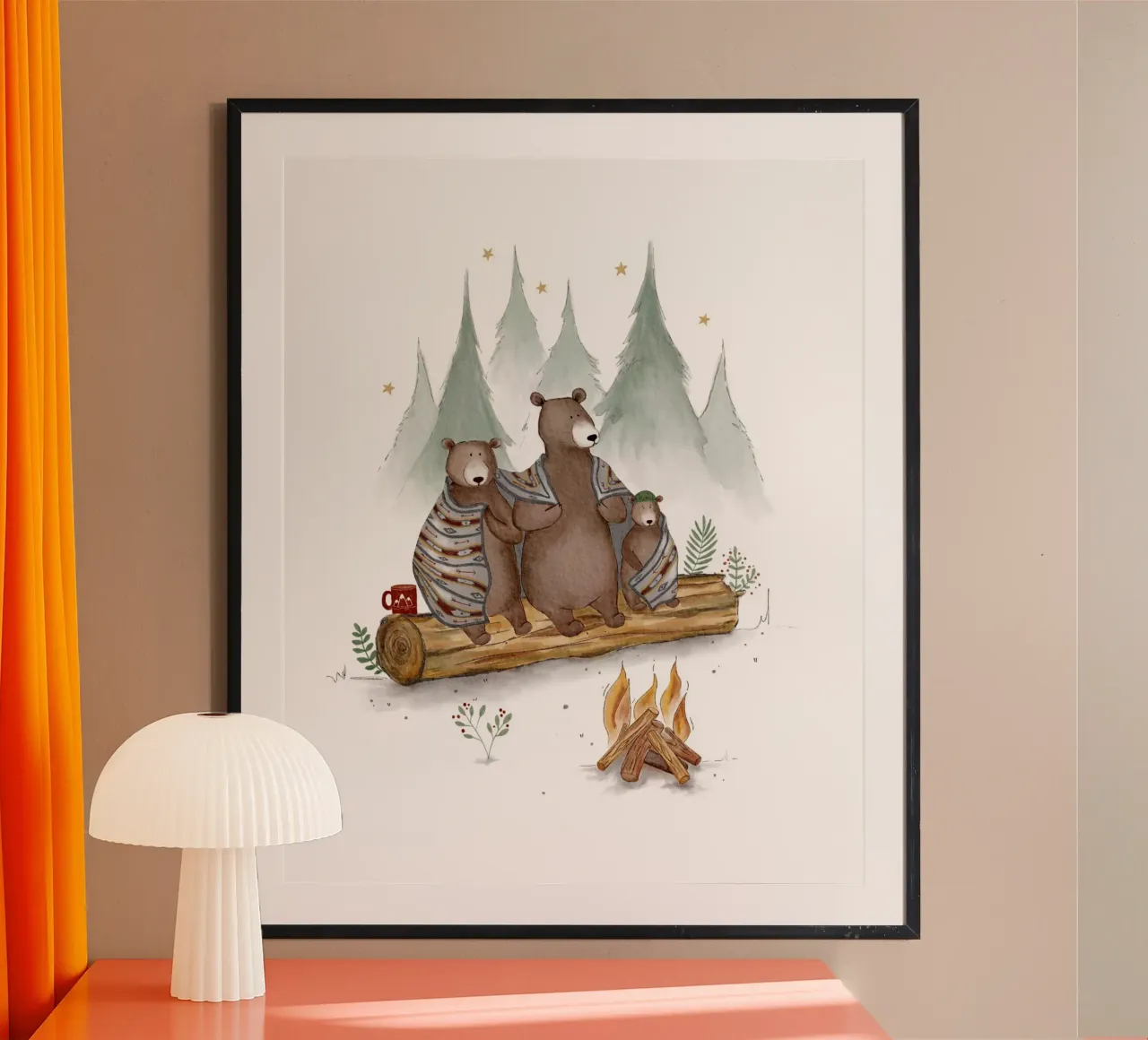 Acogedora hoguera de osos - Impresión familiar de un bosque caprichoso poster con marco de plástico de Urchin Bay Art