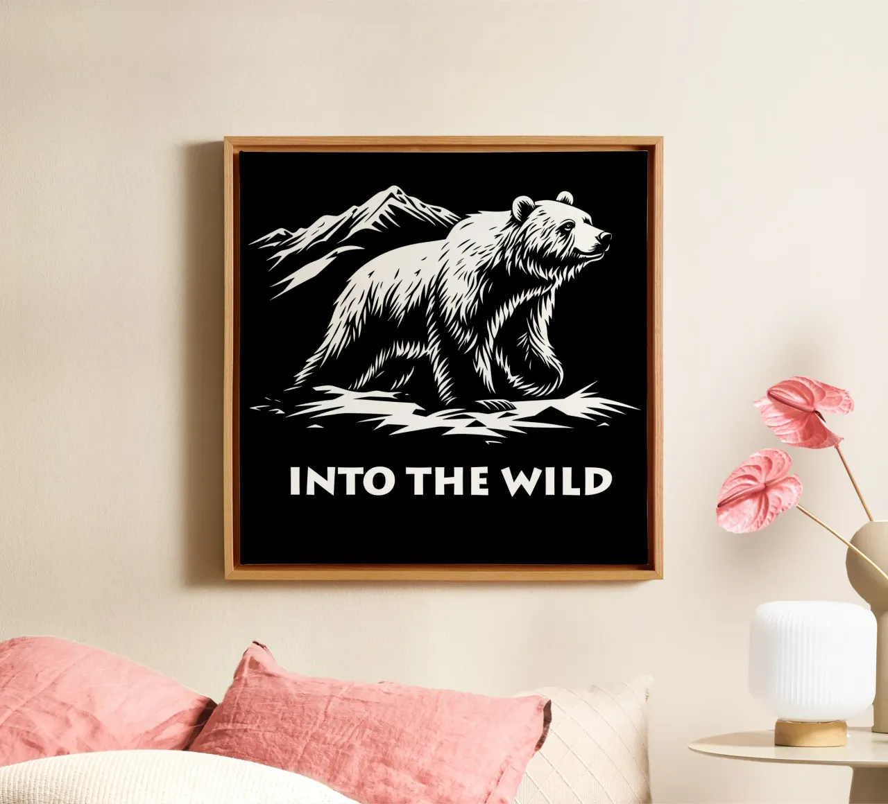 Logo e font Into The Wild | Orso e montagne tela con Cornice a cassetta da Autofocus