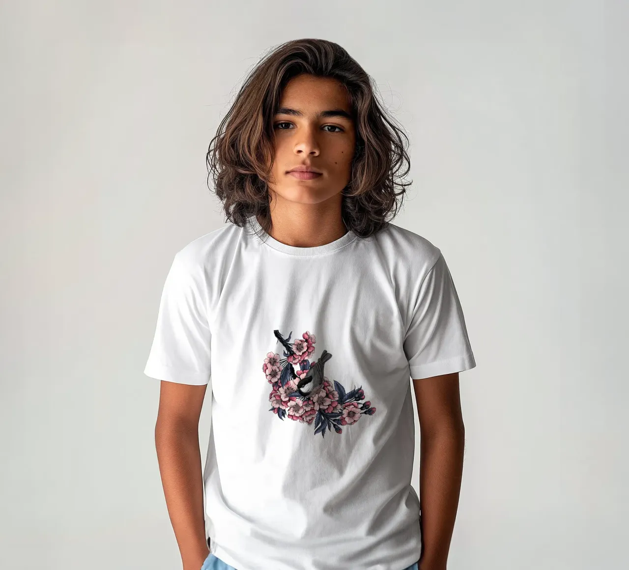 Chickadee on a blooming cherry branch kids t-shirt by Painted Nature