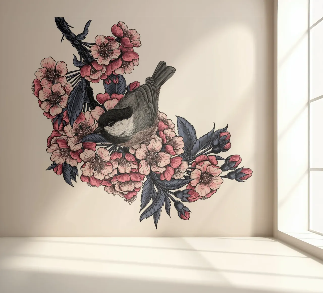 Chickadee on a blooming cherry branch photo wallpaper by Painted Nature