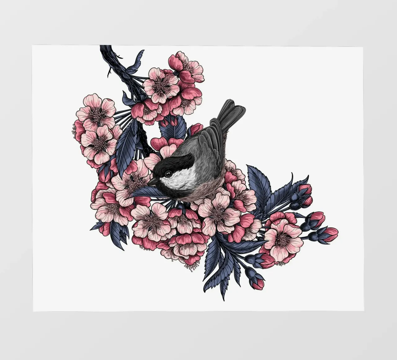 Chickadee on a blooming cherry branch photo wallpaper by Painted Nature
