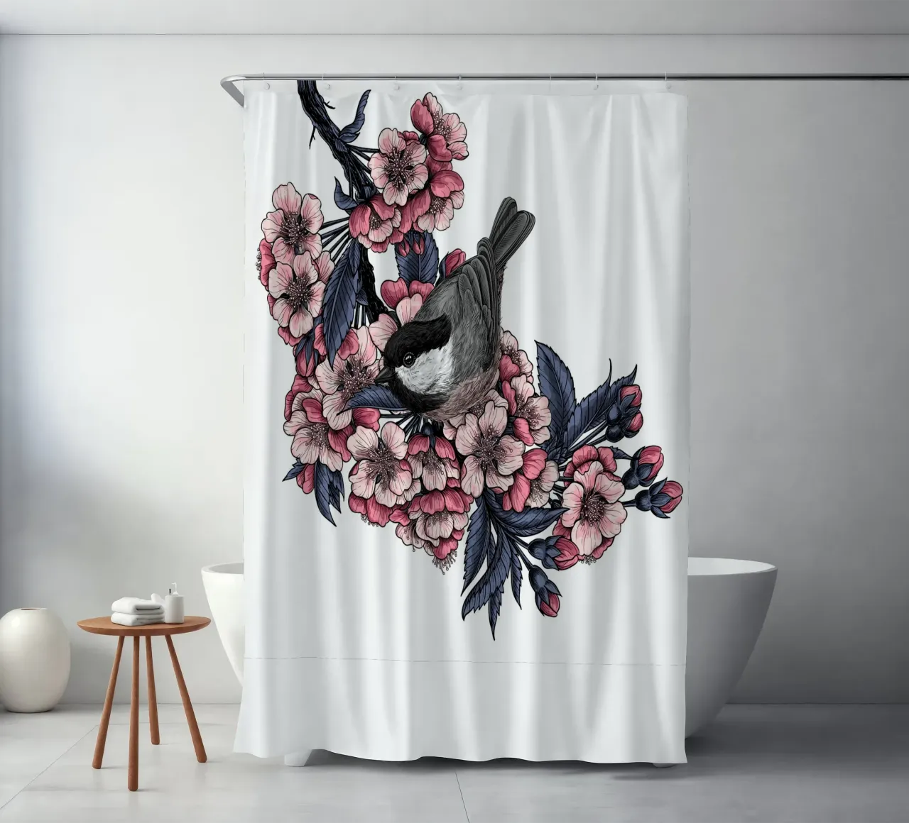 Chickadee auf einem blühenden Kirschzweig Duschvorhang von Painted Nature