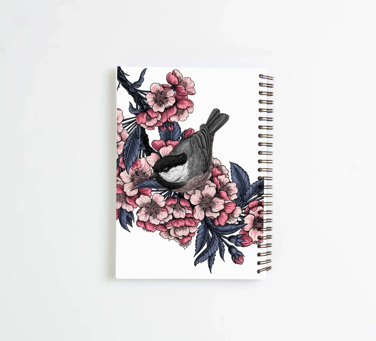 Chickadee on a blooming cherry branch spiral notebook by Painted Nature