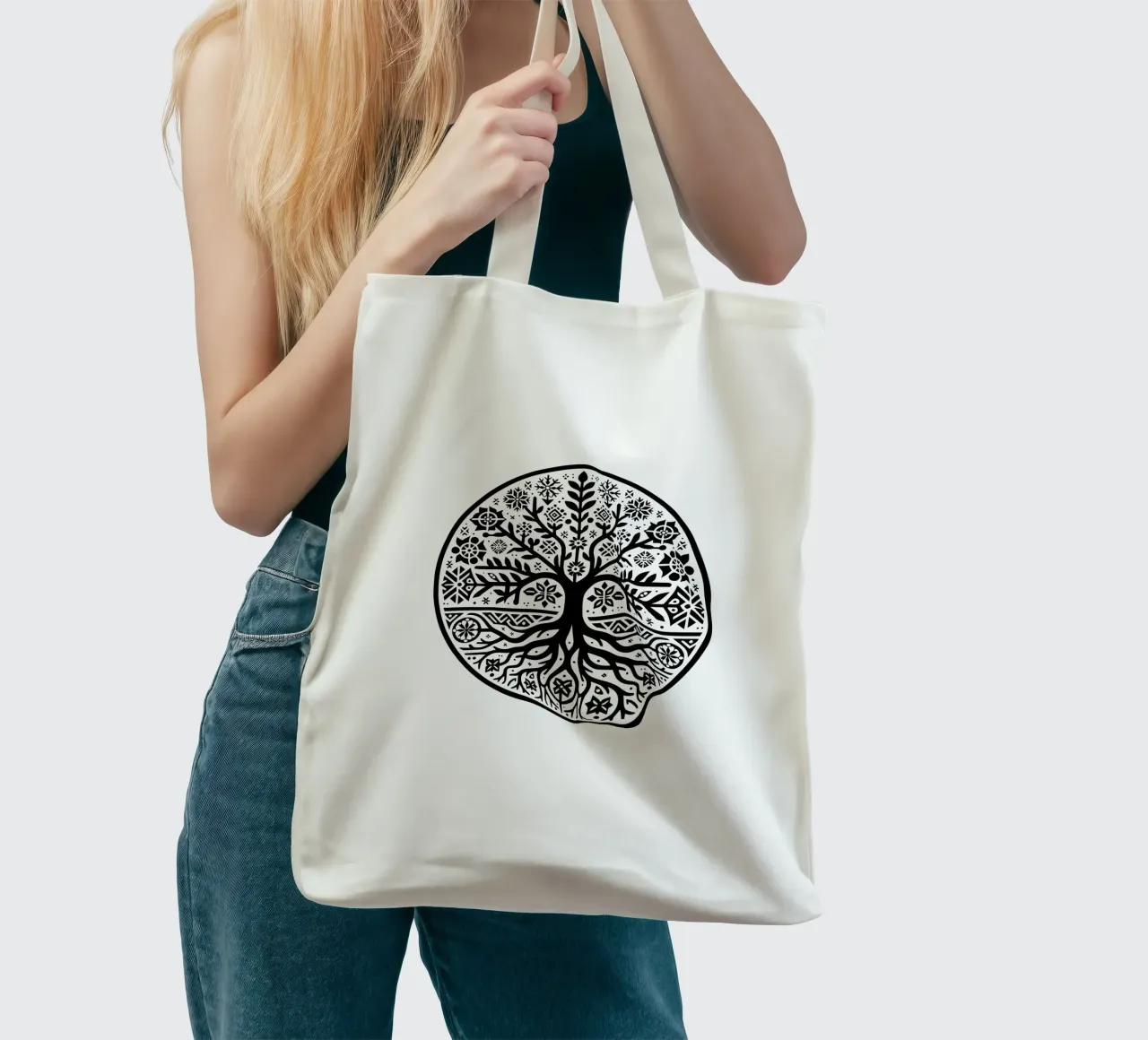 Albero della vita in bianco e nero borsa in juta da Spiritual Touch