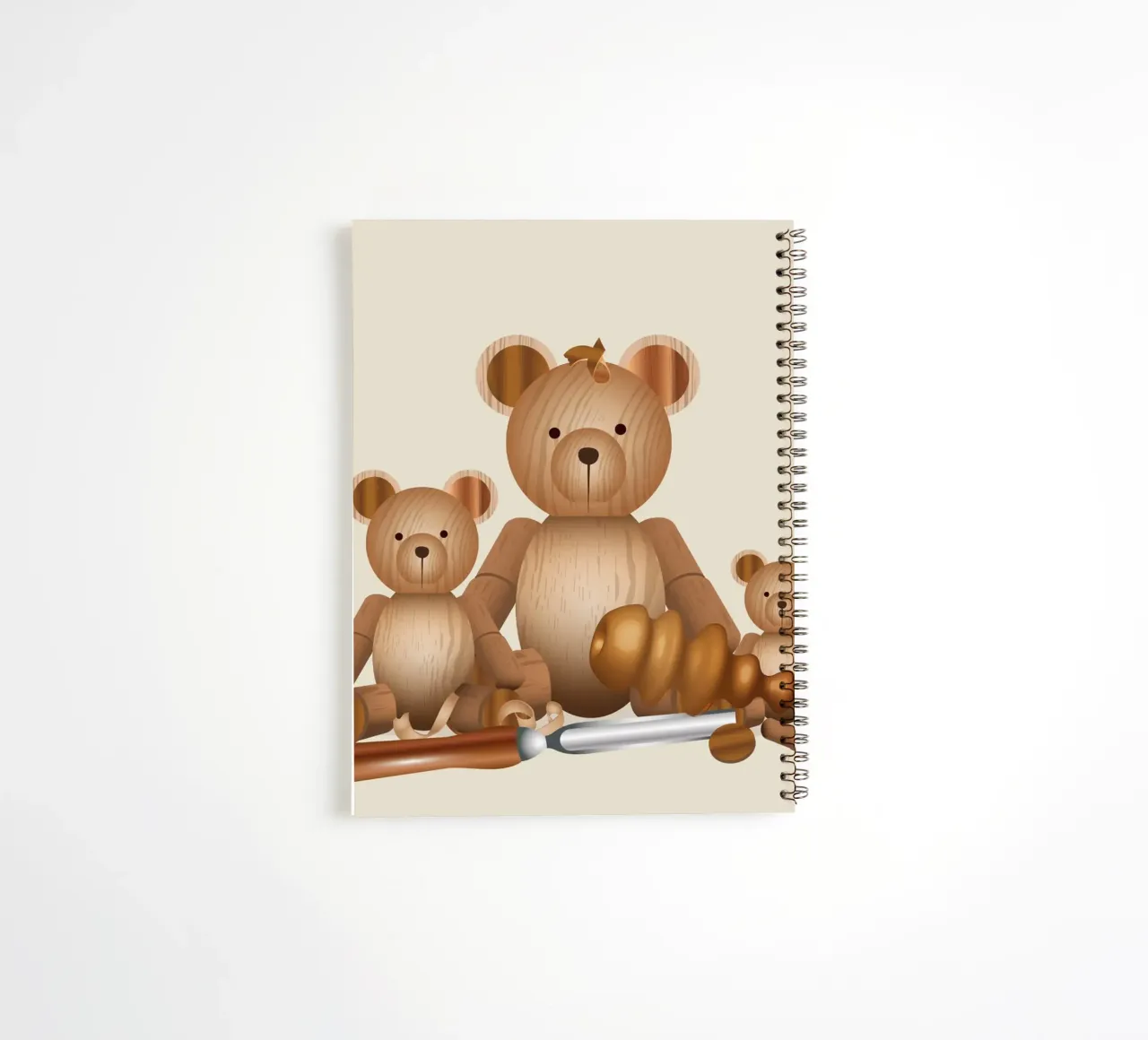 Wooden look bear family with woodturning chisel spiral notebook by namosh