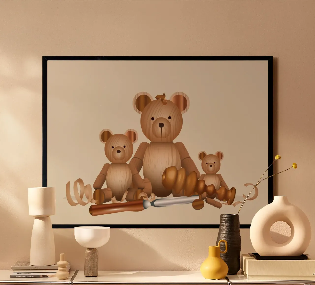 Famiglia di orsi in legno con scalpello per la tornitura del legno poster con telaio in legno da namosh