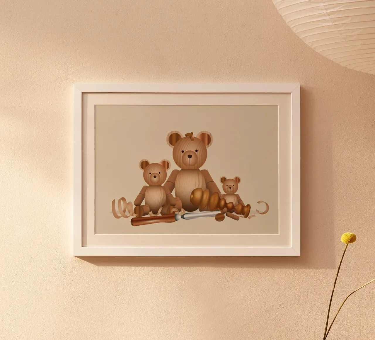 Famiglia di orsi in legno con scalpello per la tornitura del legno poster con telaio in legno da namosh
