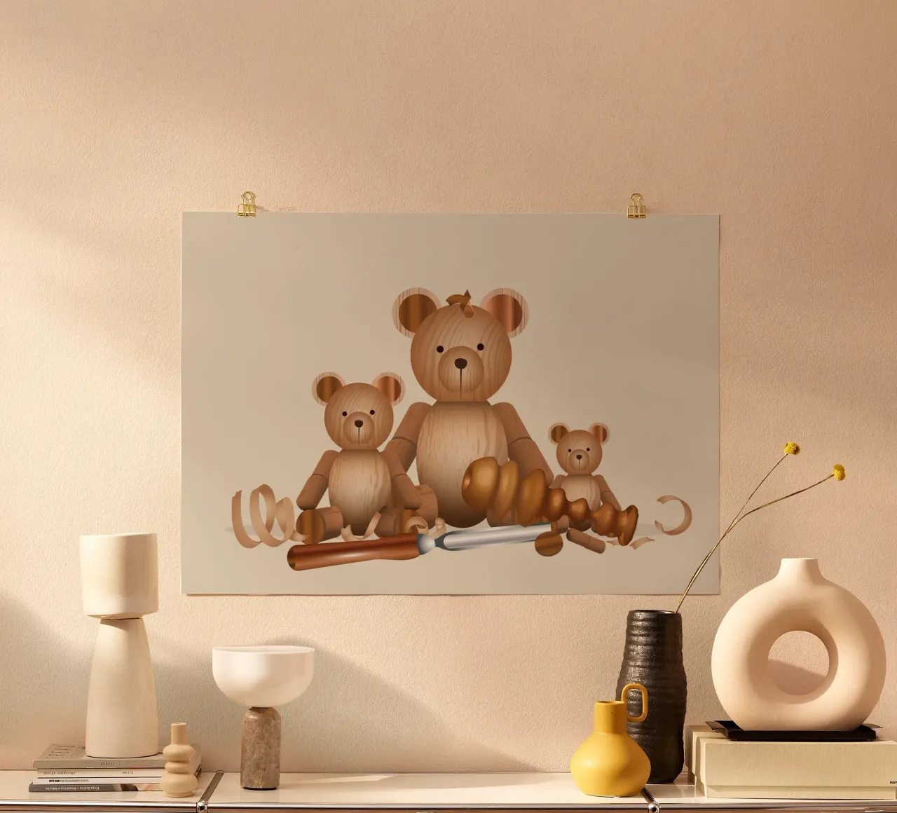 Famiglia di orsi in legno con scalpello per la tornitura del legno poster con telaio in legno da namosh