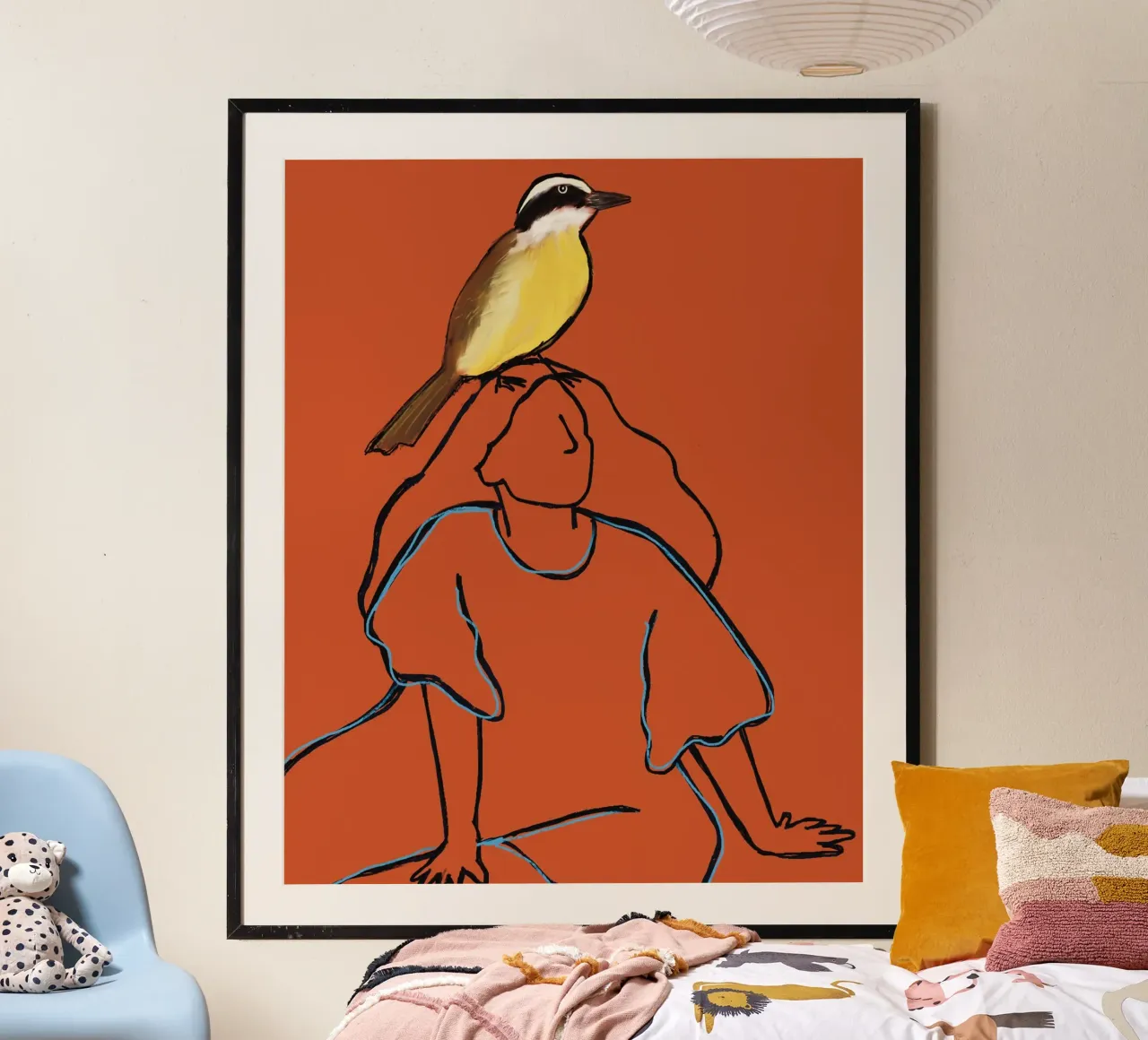 The woman and the bird (Bem te vi) poster con telaio in legno da tainah negreiros