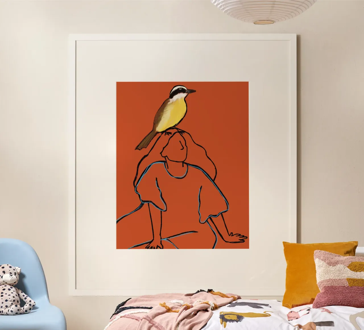 The woman and the bird (Bem te vi) poster con telaio in legno da tainah negreiros