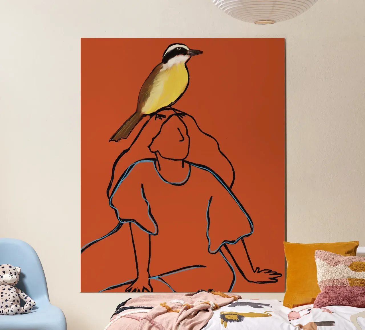 The woman and the bird (Bem te vi) poster con telaio in legno da tainah negreiros