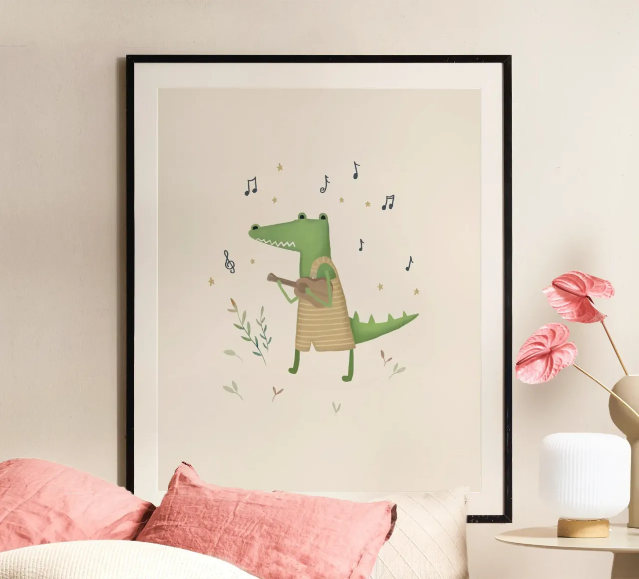 Il coccodrillo Clemente - Stampa d'arte musicale per l'asilo nido poster con telaio in legno da Urchin Bay Art