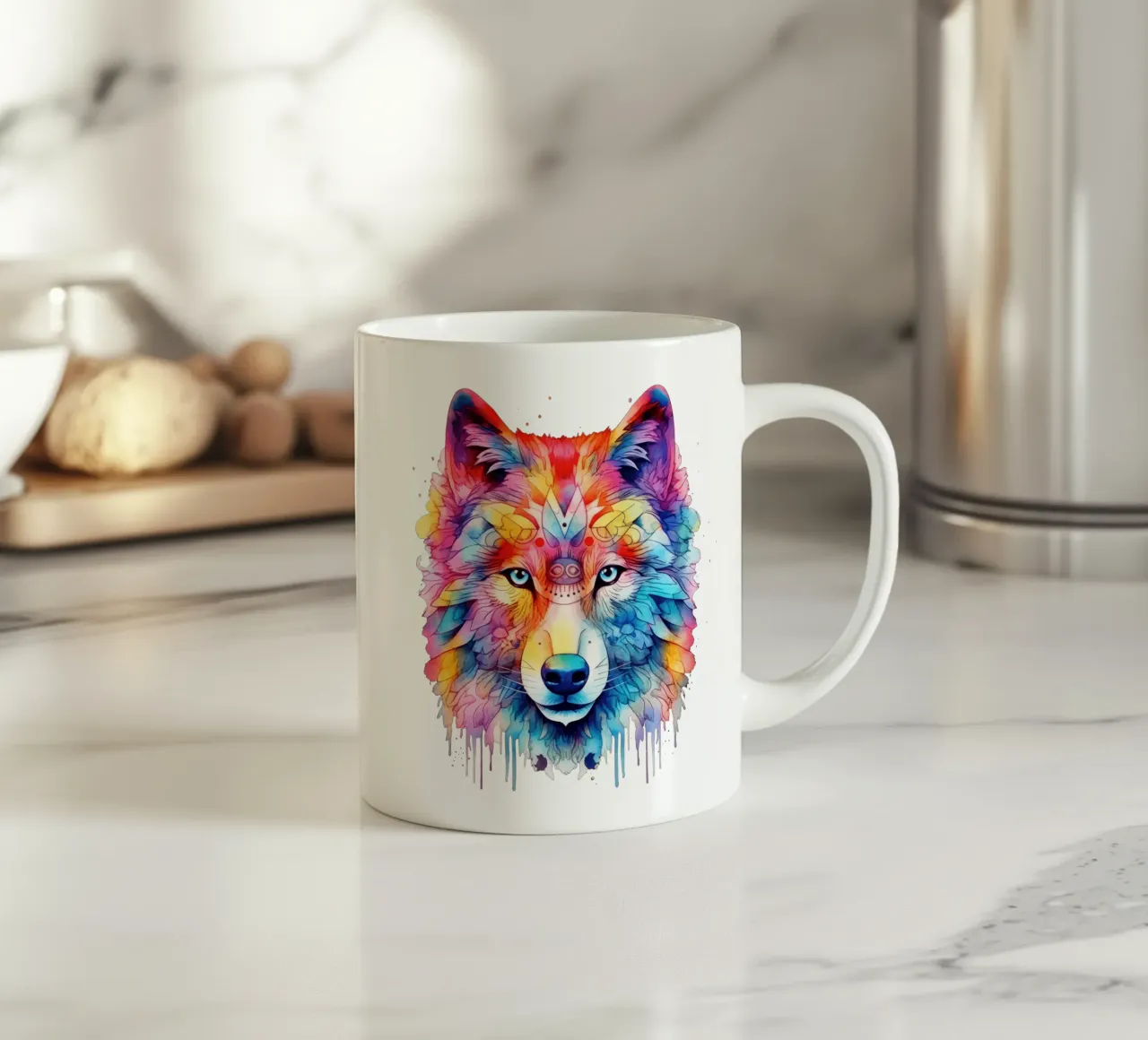Mandala del lupo acquerellato tazza in ceramica da Spiritual Touch