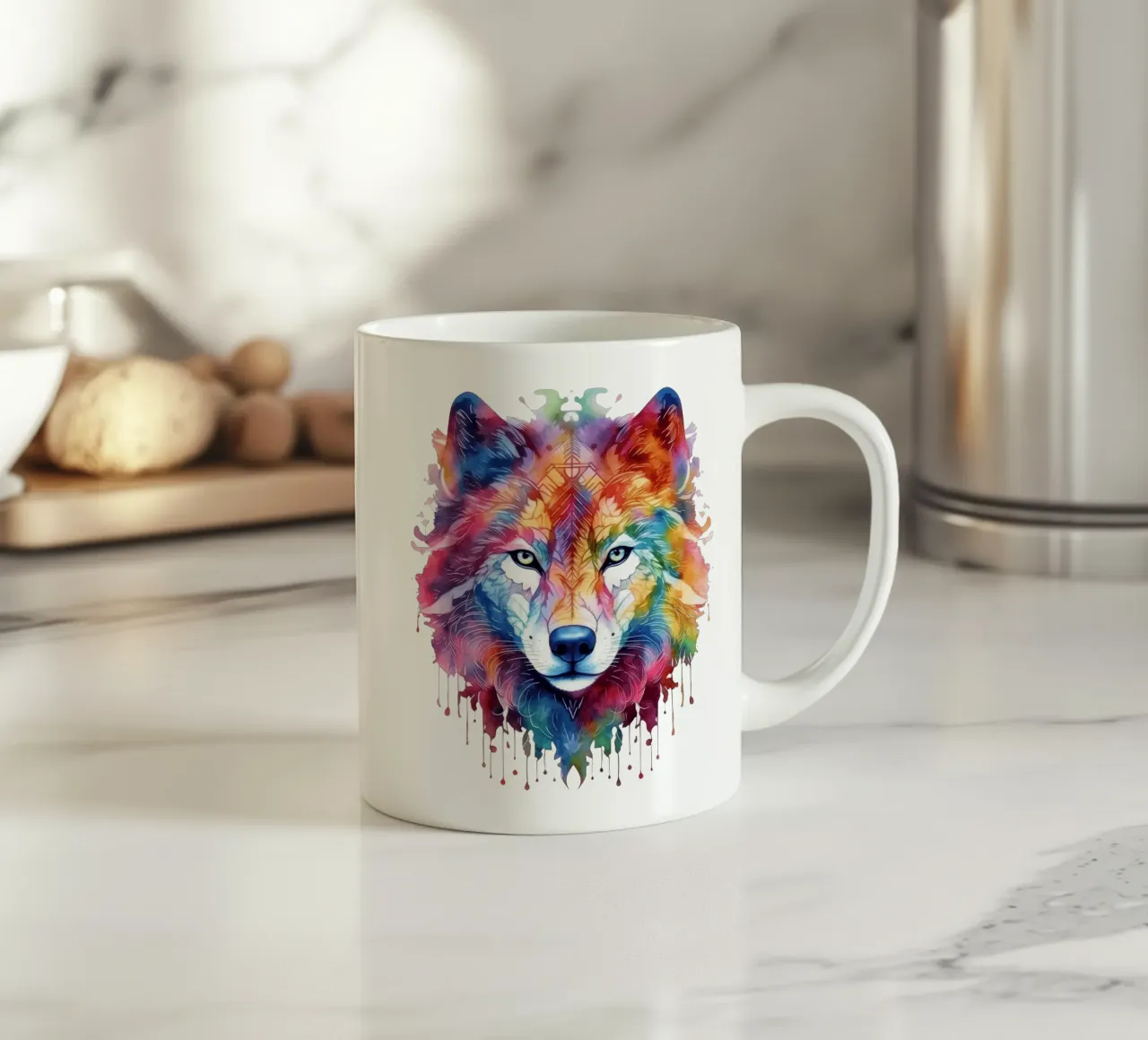 Mandala del lupo acquerellato tazza in ceramica da Spiritual Touch