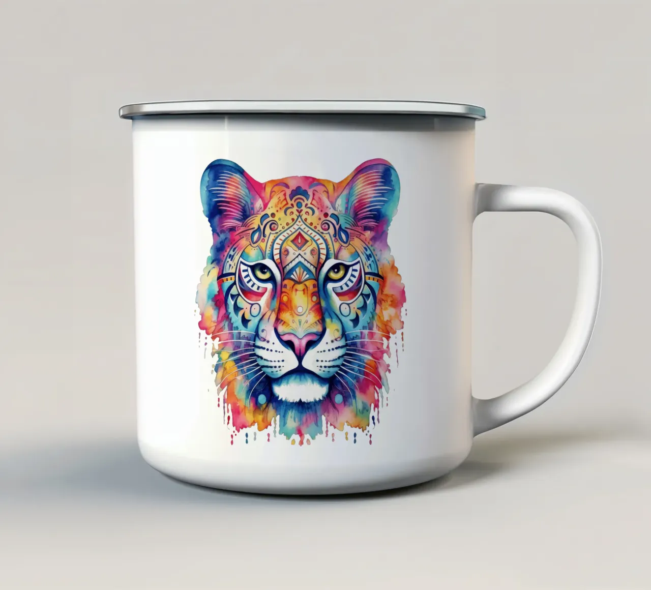 Mandala della tigre acquerellato tazza in smalto da Spiritual Touch