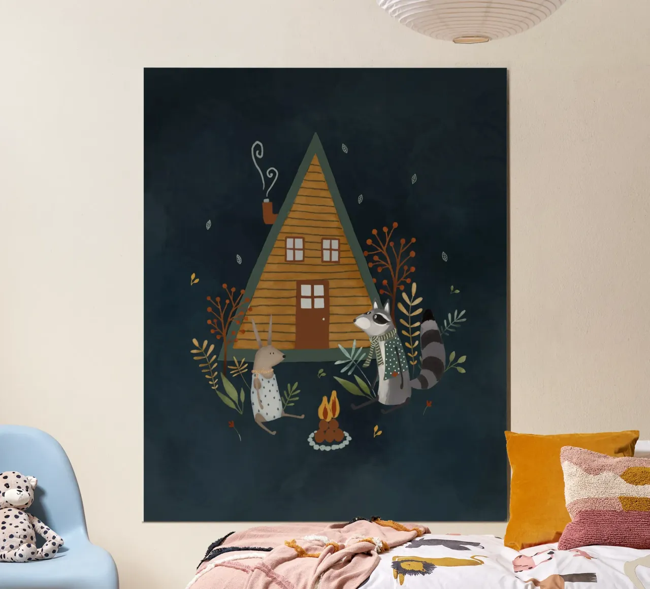 Cozy at the Cabin - Stampa d'arte di una notte di bosco stravagante poster con telaio in plastica da Urchin Bay Art