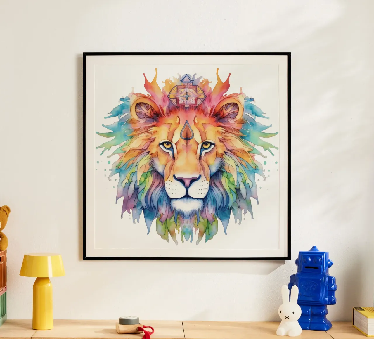 Mandala del leone acquerellato poster con telaio in legno da Spiritual Touch